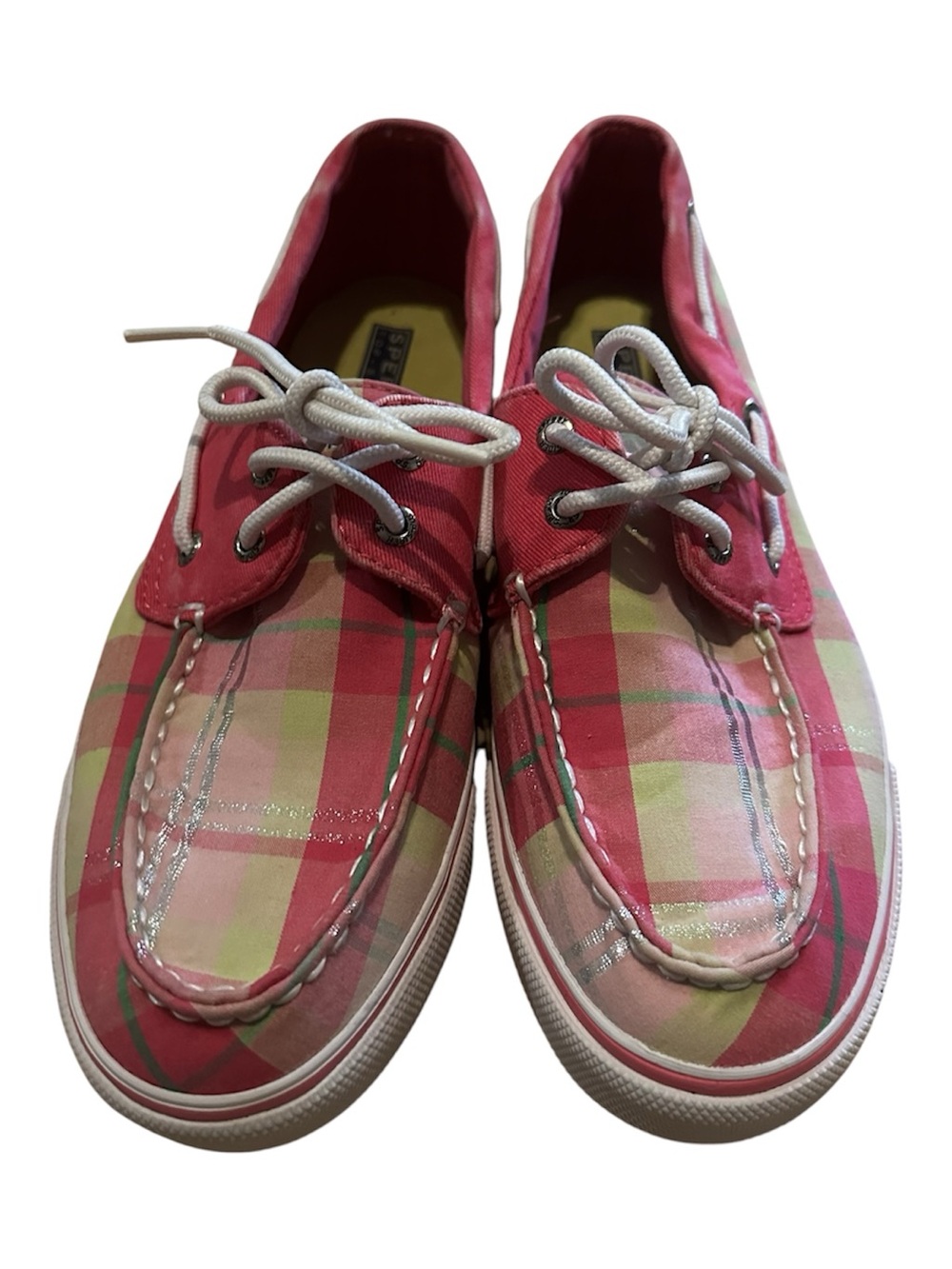 Sperry Topsider Women’s 8M Biscayne Y2K plaid pink/yellow sparkle boat shoes